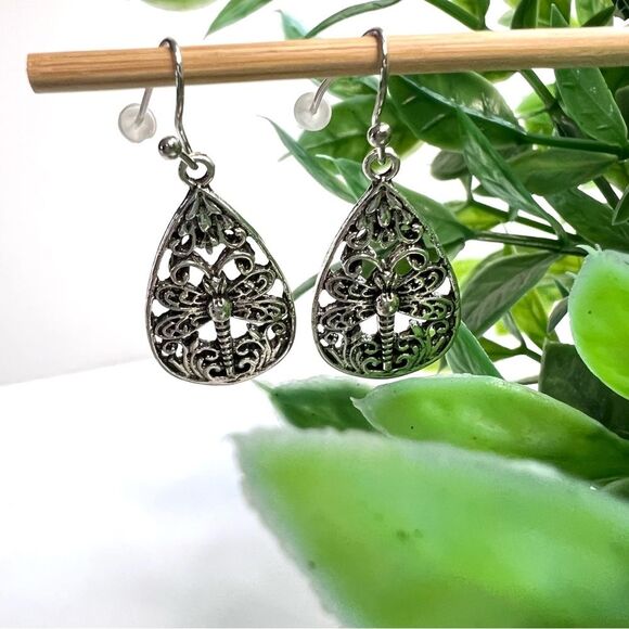 Silver Tone Dragonfly Pierced Teardrop Dangle Earrings - Picture 5 of 11